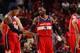 CHICAGO, IL APRIL 20: John Wall #2 and Bradley Beal #3 of the Washington Wizards slap hands during a game against the Chicago Bulls during Game 1 of the Eastern Conference Quarterfinals on April 20, 2014 at the United Center in Chicago, Illinois. NOTE TO