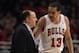 CHICAGO, IL - APRIL 28: Head coach Tom Thibodeau of the Chicago Bulls gives instructions to Joakim Noah #13 against the Philadelphia 76ers in Game One of the Eastern Conference Quarterfinals during the 2012 NBA Playoffs at the United Center on April 28,