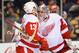BOSTON, MA - APRIL 18: Jimmy Howard #35 and Pavel Datsyuk #13 of the Detroit Red Wings celebrate a shutout win against the Boston Bruins in Game One of the First Round of the 2014 Stanley Cup Playoffs at TD Garden on April 18, 2014 in Boston, Massachusett