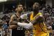 Mar 31, 2014; Indianapolis, IN, USA;San Antonio Spurs forward Tim Duncan (21) battles for position with Indiana Pacers center Roy Hibbert (55) during the third quarter at Bankers Life Fieldhouse. The Spurs won 103-77. Mandatory Credit: Pat Lovell-USA TODA