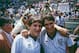 England players Peter Beardsley (left) and Gary Lineker after their team beat Paraguay 3-0 in a Round of 16 match during the World Cup competition at the Estadio Azteca, Mexico City, 18th June 1986. Lineker scored the first and third goals and Beardsley t