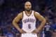 OKLAHOMA CITY, OK - APRIL 19: Derek Fisher #6 of the Oklahoma City Thunder stands on the court against the Memphis Grizzlies in Game One of the Western Conference Quarterfinals of the NBA Playoffs at Chesapeake Energy Arena on April 19, 2014 in Oklahoma