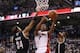 Apr 19, 2014; Toronto, Ontario, CAN; Toronto Raptors point guard Kyle Lowry (7) goes to the basket against Brooklyn Nets forward Paul Pierce (34) in game one during the first round of the 2014 NBA Playoffs at Air Canada Centre. Mandatory Credit: Tom Szcze