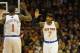 Mar 8, 2014; Cleveland, OH, USA; New York Knicks small forward Carmelo Anthony (7) and power forward Amar'e Stoudemire (1) celebrate in the first quarter at Quicken Loans Arena. Mandatory Credit: David Richard-USA TODAY Sports