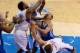 Apr 19, 2014; Los Angeles, CA, USA; Los Angeles Clippers center DeAndre Jordan (6), forward Blake Griffin (32), guard Darren Collison (2) and Golden State Warriors guard Stephen Curry (30) go for a rebound during game one of the first round of the 2014 NB