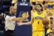 Apr 19, 2014; Indianapolis, IN, USA; Indiana Pacers forward Luis Scola (4) questions a referee's call during a game against the Atlanta Hawks in game one during the first round of the 2014 NBA Playoffs at Bankers Life Fieldhouse. Atlanta defeats Indiana 1