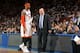 NEW YORK, NY - APRIL 12: Head coach Tom Thibodeau of the Chicago Bulls talks to Carmelo Anthony #7 of the New York Knicks during a game on April 12, 2011 at Madison Square Garden in New York City. NOTE TO USER: User expressly acknowledges and agrees th