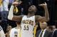 Apr 22, 2014; Indianapolis, IN, USA; Indiana Pacers center Roy Hibbert (55) reacts to the Pacers lead against the Atlanta Hawks in game two during the first round of the 2014 NBA Playoffs at Bankers Life Fieldhouse. Indiana defeats Atlanta 101-85. Mandato