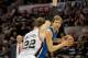 Apr 20, 2014; San Antonio, TX, USA; San Antonio Spurs center Tiago Splitter (22) guards Dallas Mavericks forward Dirk Nowitzki (41) during the first quarter in game one during the first round of the 2014 NBA Playoffs at AT&T Center. Mandatory Credit: Jero