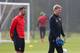 MANCHESTER, ENGLAND - MARCH 31: David Moyes the manager of Manchester United and Ryan Giggs look during a training session at the Aon Training Complex on March 31, 2014 in Manchester, England. (Photo by Alex Livesey/Getty Images)