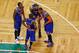 May 3, 2013; Boston, MA, USA; New York Knicks forward Carmelo Anthony (7) talks with teammates guard Raymond Felton (2), guard/forward J.R. Smith (8) and center Tyson Chandler (6) during the third quarter in game six of the first round of the 2013 NBA Pl