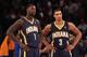 NEW YORK, NY - NOVEMBER 20: Lance Stephenson #1 and George Hill #3 of the Indiana Pacers wait for play to begin against the New York Knicks at Madison Square Garden on November 20, 2013 in New York City. NOTE TO USER: User expressly acknowledges and agree