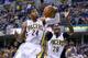 INDIANAPOLIS, IN - APRIL 22: Paul George #4 of the Indiana Pacers grabs a rebound against the Atlanta Hawks in Game 2 of the Eastern Conference Quarterfinals during the 2014 NBA Playoffs at Bankers Life Fieldhouse on April 22, 2014 in Indianapolis, India