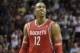 Mar 16, 2014; Miami, FL, USA; Houston Rockets center Dwight Howard (12) reacts during the second half against the Miami Heat at American Airlines Arena. Mandatory Credit: Steve Mitchell-USA TODAY Sports