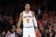 Apr 2, 2014; New York, NY, USA; New York Knicks guard J.R. Smith (8) looks on against the Brooklyn Nets during the second half at Madison Square Garden. The New York Knicks won 110-81. Mandatory Credit: Joe Camporeale-USA TODAY Sports