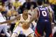 Apr 22, 2014; Indianapolis, IN, USA; Indiana Pacers forward Paul George (24) guards Atlanta Hawks guard Jeff Teague (0) in game two during the first round of the 2014 NBA Playoffs at Bankers Life Fieldhouse. Indiana defeats Atlanta 101-85. Mandatory Credi