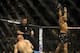 Feb 22, 2014; Las Vegas, NV, USA; Patrick Cummins (blue gloves) throws his hands up as Daniel Cormier lies on the mat after the referee stops their UFC light heavyweight bout at Mandalay Bay. Cormier won by way of a TKO in the first round. Mandatory Credi