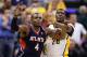 Apr 22, 2014; Indianapolis, IN, USA; Indiana Pacers center Ian Mahinmi (28) guards Atlanta Hawks forward Paul Millsap (4) in game two during the first round of the 2014 NBA Playoffs at Bankers Life Fieldhouse. Mandatory Credit: Brian Spurlock-USA TODAY Sp