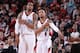 PORTLAND, OR - MARCH 5: Damian Lillard #0 and LaMarcus Aldridge #12 of the Portland Trail Blazers stand on the court against the Atlanta Hawks on March 5, 2014 at the Moda Center Arena in Portland, Oregon. NOTE TO USER: User expressly acknowledges and ag