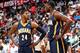 ATLANTA, GA - APRIL 24: Paul George #24 and Roy Hibbert #55 of the Indiana Pacers react after a foul in Game 3 of the Eastern Conference Quarterfinals during the 2014 NBA Playoffs against the Atlanta Hawks at Philips Arena on April 24, 2014 in Atlanta, G