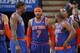 SACRAMENTO, CA - MARCH 26: Amar'e Stoudemire #1, Carmelo Anthony #7, Raymond Felton #2 and J.R. Smith #8 of the New York Knicks in a game against the Sacramento Kings on March 26, 2014 at Sleep Train Arena in Sacramento, California. NOTE TO USER: User exp