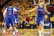 Apr 24, 2014; Oakland, CA, USA; Los Angeles Clippers forward Blake Griffin (32) high fives guard Chris Paul (3) after a play against the Golden State Warriors during the second quarter of game three of the first round of the 2014 NBA Playoffs at Oracle Ar