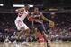 Jan 20, 2014; Houston, TX, USA; Portland Trail Blazers power forward LaMarcus Aldridge (12) controls the ball during the third quarter as Houston Rockets center Dwight Howard (12) defends at Toyota Center. The Rockets defeated the Trailblazers 126-113. Ma