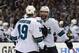 Apr 22, 2014; Los Angeles, CA, USA; San Jose Sharks right wing Brent Burns (88) celebrates with defenseman Dan Boyle (22) and center Joe Thornton (19) after a goal in the first period against the Los Angeles Kings in game three of the first round of the 2