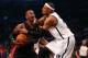 Apr 25, 2014; Brooklyn, NY, USA; Brooklyn Nets forward Paul Pierce (34) fouls Toronto Raptors forward Terrence Ross (31) during the first quarter in game three of the first round of the 2014 NBA Playoffs at Barclays Center. Mandatory Credit: Anthony Grupp
