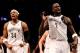 NEW YORK, NY - APRIL 25: Kevin Garnett #2 of the Brooklyn Nets celebrates with teammate Paul Pierce #34 in the second quarter against the Toronto Raptors in Game Three of the Eastern Conference Quarterfinals during the 2014 NBA Playoffs at the Barclays C