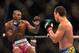 Aug 3, 2013; Rio De Janeiro, Brazil; Phil Davis (pink shorts) fights against Lyoto Machida (blue shorts) during UFC 163 at HSBC Arena. Mandatory Credit: Jason Silva-USA TODAY Sports