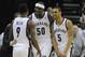 Apr 24, 2014; Memphis, TN, USA; Memphis Grizzlies forward Zach Randolph (50) and guard Courtney Lee (5) congratulate guard Tony Allen (9) during the game against the Oklahoma City Thunder in game three of the first round of the 2014 NBA Playoffs at FedExF