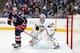 COLUMBUS, OH - APRIL 23: R.J. Umberger #18 of the Columbus Blue Jackets skate in front of goaltender Marc-Andre Fleury #29 of the Pittsburgh Penguins in Game Four of the First Round of the 2014 Stanley Cup Playoffs on April 23, 2014 at Nationwide Arena i