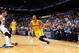 ATLANTA, GA - APRIL 26: George Hill #3 of the Indiana Pacers dribbles up the court against the Atlanta Hawks during Game Four of the Eastern Conference Quarterfinals on April 26, 2014 at Philips Arena in Atlanta, Georgia. NOTE TO USER: User expressly ack