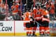 PHILADELPHIA, PA - APRIL 25: Mark Streit #32, Jason Akeson #42, Vincent Lecavalier #40, Jakub Voracek #93, and Brayden Schenn #10 of the Philadelphia Flyers celebrate Voracek's second period power-play goal against the New York Rangers in Game Four of the