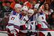 PHILADELPHIA, PA - APRIL 25: (L-R) Ryan McDonagh #27, Dominic Moore #28, Mats Zuccarello #36 and Kevin Klein #8 of the New York Rangers celebrate a goal at 4:38 of the first period by Moore against the Philadelphia Flyers in Game Four of the First Round o