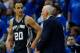 DALLAS, TX - APRIL 26: Manu Ginobili #20 of the San Antonio Spurs talks with Gregg Popovich of the San Antonio Spurs during Game Three of the Western Conference Quarterfinals during the 2014 NBA Playoffs at American Airlines Center on April 26, 2014 in