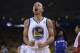 Apr 27, 2014; Oakland, CA, USA; Golden State Warriors guard Stephen Curry (30) celebrates against the Los Angeles Clippers during the first quarter in game four of the first round of the 2014 NBA Playoffs at Oracle Arena. Mandatory Credit: Kyle Terada-USA