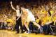 Apr 24, 2014; Oakland, CA, USA; Golden State Warriors guard Klay Thompson (11) runs along the sideline after scoring a three point shot against the Los Angeles Clippers during the second quarter of game three of the first round of the 2014 NBA Playoffs at
