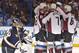 ST. LOUIS, MO - APRIL 05: Paul Stastny #26 of the Colorado Avalanche is congratulated by teammates after scoring a goal off of Ryan Miller #39 of the St. Louis Blues during an NHL game on April 5, 2014 at Scottrade Center in St. Louis, Missouri. (Photo by