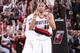 PORTLAND, OR - APRIL 27: Nicolas Batum #88 of the Portland Trail Blazers celebrates during a game agianst the Houston Rockets in Game Four of the Western Conference Quarterfinals during the 2014 NBA Playoffs on April 27, 2014 at the Moda Center in Portlan