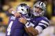 TEMPE, AZ - DECEMBER 28: Quarterbacks Jake Waters #15 and Daniel Sams #4 of the Kansas State Wildcats celebrate during the final moments of the Buffalo Wild Wings Bowl against the Michigan Wolverines at Sun Devil Stadium on December 28, 2013 in Tempe, Ar