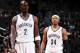 NEW YORK, NY - NOVEMBER 24: Teammates Kevin Garnett #2 of the Brooklyn Nets and Paul Pierce #34 of the Brooklyn Nets during a game against the Detroit Pistons at Barclays Center on November 24, 2013 in the Brooklyn borough of New York City. NOTE TO USER: