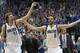 DALLAS, TX - APRIL 26: Dirk Nowitzki #41 of the Dallas Mavericks and Jose Calderon #8 of the Dallas Mavericks celebrate after the Dallas Mavericks beat the San Antonio Spurs 109-108 during Game Three of the Western Conference Quarterfinals during the 201