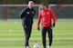 MANCHESTER, ENGLAND - APRIL 08: David Moyes the manager of Manchester United and Ryan Giggs look on during a training session at Aon Training Complex on April 8, 2014 in Manchester, England. (Photo by Alex Livesey/Getty Images)