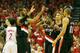 HOUSTON, TX - APRIL 23: LaMarcus Aldridge #12, Wesley Matthews #2, Robin Lopez #4 and Nicolas Batum #88 of the Portland Trail Blazers celebrate a play on the court in the first half of the game against the Houston Rockets in Game Two of the Western Confe