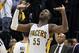 Apr 22, 2014; Indianapolis, IN, USA; Indiana Pacers center Roy Hibbert (55) reacts to the Pacers lead against the Atlanta Hawks in game two during the first round of the 2014 NBA Playoffs at Bankers Life Fieldhouse. Indiana defeats Atlanta 101-85. Mandato