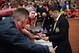 MANCHESTER, ENGLAND - APRIL 26: Ryan Giggs of Manchester United signs autographs during the Barclays Premier League match between Manchester United and Norwich City at Old Trafford on April 26, 2014 in Manchester, England. (Photo by Laurence Griffiths/G