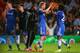 LONDON, ENGLAND - APRIL 08: Andre Schurrle of Chelsea celebrates victory with Willian of Chelsea and Ashley Cole of Chelsea during the UEFA Champions League Quarter Final second leg match between Chelsea and Paris Saint-Germain FC at Stamford Bridge on A