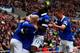 SUNDERLAND, ENGLAND - APRIL 12: Steven Naismith, Romelu Lukaku and James McCarthy of Everton celebrate after Wes Brown of Sunderland scores an own goal during the Barclays Premier League match between Sunderland and Everton at Stadium of Light on April 1